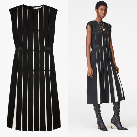 Zara Wool Blend Box Pleat Dress Black White Small Limited Edition A/W 2023 NWT - Picture 2 of 6